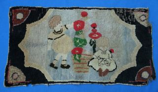 Antique Primitive Hand Made Hooked Rug Two Girls With Flowers 1800s