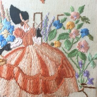 30s VINTAGE Embroidered Crinoline Lady Garden Floral Picture Framed 12.  5 x 12.  5 2