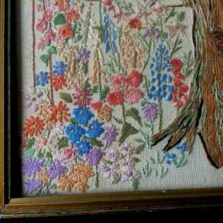 30s VINTAGE Embroidered Crinoline Lady Garden Floral Picture Framed 12.  5 x 12.  5 3