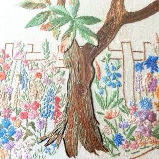 30s VINTAGE Embroidered Crinoline Lady Garden Floral Picture Framed 12.  5 x 12.  5 6