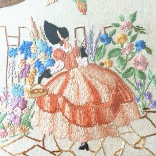 30s VINTAGE Embroidered Crinoline Lady Garden Floral Picture Framed 12.  5 x 12.  5 7