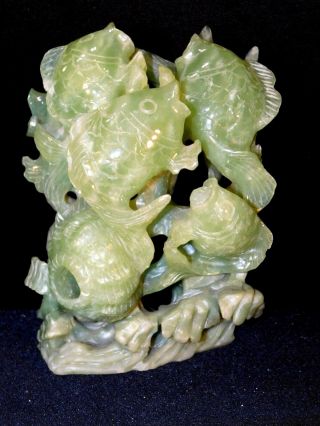Chinese Natural Xiuyan Jade Hand Carved Fish Statue,  7 1/2 " Tall