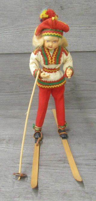 Vintage Norwegian Girl Skier Doll With Skis & 1 Ski Pole