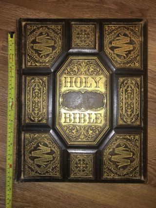 1876 Antique Bible Gilt Tooled Leather Old & Testaments 200,  Illustrations
