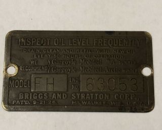 Briggs And Stratton Model Fh Data Plate Antique Old Vintage Hit Miss Gas Engine