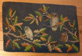 Vintage Antique Needlepoint 2 Owls Pillow Wall Hanging Sweet Estate Find