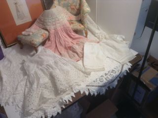 17 - 1/2 " Antique Style Linen Blend Doll Dress W/ Lace Trim - Slip & Pantaloons