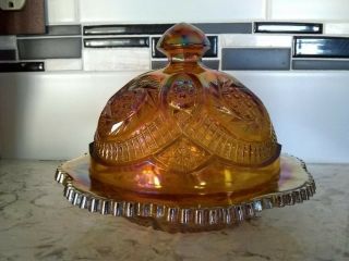 Fenton? Marigold Antique Carnival Art Glass Covered Butter Dish