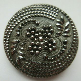 Stunning Large Antique Vtg Victorian Black Glass Button Silver Luster Lacy (d)