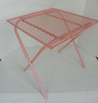 Vintage Pink Metal Mesh Square Folding Patio Porch Garden Lanai Side Table