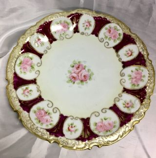Vintage Antique Dinner Plate Floral Burgundy White Pink Roses Gold Rim 10 Inches