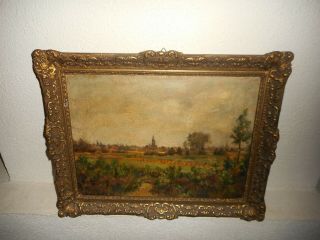 Old Oil Painting,  (landscape With A Village & Church,  Is Signed,  Frame).