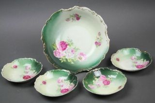 Antique Berry Bowl Set Hand Painted Pink White Roses Gold Trim Green Sage Colors