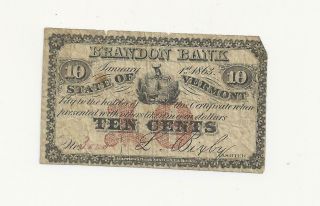Brandon Bank Vermont Fractional Currency 10/ten Cents Antique Money,  Currency