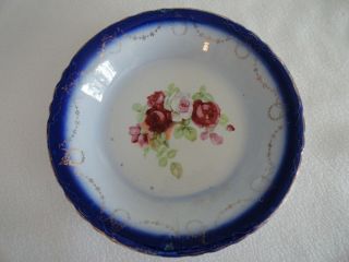 Antique La Francaise Porcelain Flow Blue Roses Floral Serving Bowl