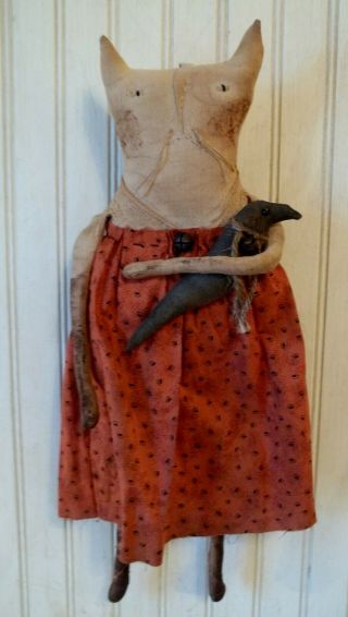 Primitive Grungy Grubby White Kitty Cat Halloween Doll & Her Little Crow