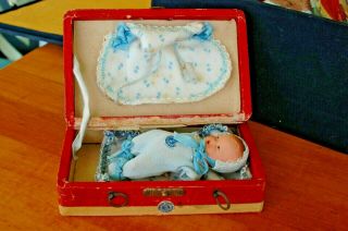 1940s Occupied Ussr Germany Bisque Doll 3 3/4 " Baby Boy In Suitcase W/stickers