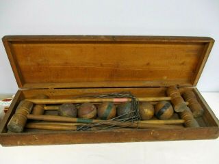 Antique Wood Croquet Set With 6 Mallots,  6 Wood Balls With Stripes & More