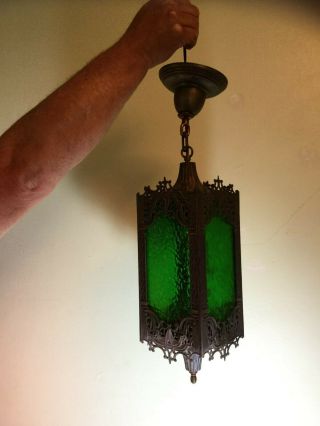 Antique Arts&craft Pendant Light With Green Slag Glass Mission Style