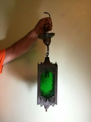 ANTIQUE ARTS&CRAFT PENDANT LIGHT WITH GREEN SLAG GLASS MISSION STYLE 2