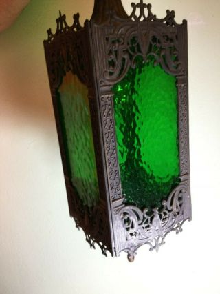 ANTIQUE ARTS&CRAFT PENDANT LIGHT WITH GREEN SLAG GLASS MISSION STYLE 3