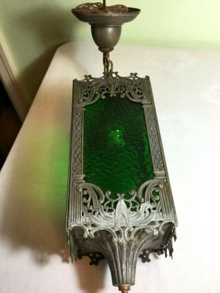 ANTIQUE ARTS&CRAFT PENDANT LIGHT WITH GREEN SLAG GLASS MISSION STYLE 5