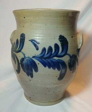 Antique Salt Glazed Stoneware Jug Crock W/ Cobalt Blue Fern Decoration 2 Gallon