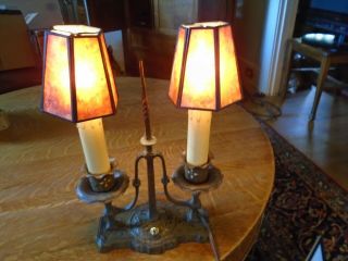 Cast Iron Arts And Crafts Table Lamp W/ Mica Shades