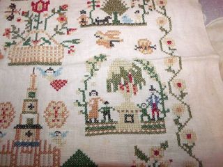 Antique Pattern Cross Stitch Sampler - Adam Eve People Animals Trees 7