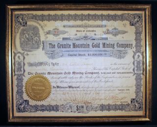 Antique Granite Mountain Gold Mining Company Stock - 1000 Shares - Framed