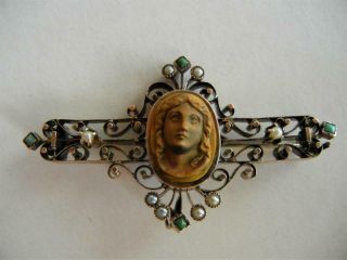 Antique Tigers Eye Cameo Brooch With Seed Pearls And Seed Turquoise With C Clasp