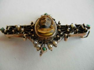 ANTIQUE TIGERS EYE CAMEO BROOCH WITH SEED PEARLS AND SEED TURQUOISE WITH C CLASP 2