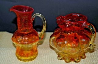 Set Of 2 Amberina Crackle Blown Glass W Handles Red/gold Vintage Antique Estate.
