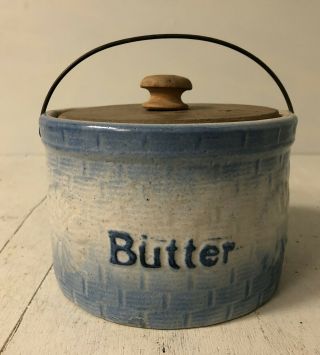Antique Primitive Blue Stoneware Butter Crock With Wood Lid & Handle