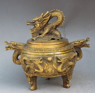 Marked Chinese Bronze Dragon Handle Lion Head Incense Burner Censer Statue