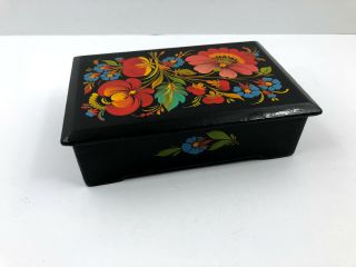 Vintage Hand Painted Wooden Wood Black Lacquered Box Flowered Folkart Floral