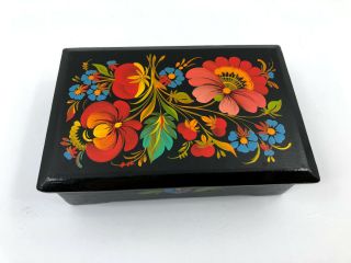 Vintage Hand Painted Wooden Wood Black Lacquered Box Flowered Folkart Floral 2
