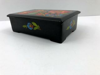 Vintage Hand Painted Wooden Wood Black Lacquered Box Flowered Folkart Floral 3