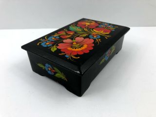 Vintage Hand Painted Wooden Wood Black Lacquered Box Flowered Folkart Floral 5