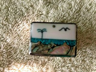 Vintage Mexican Sterling Silver Pill Box With Ocean Scene & Abalone Inlay