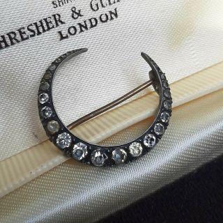 Antique Georgian Solid Silver Diamond Paste Crescent Brooch Vintage Jewellery
