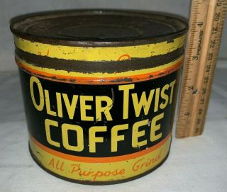 Antique Oliver Twist Coffee Tin Litho 1lb Keywind Can Kansas City Mo Grocery Old