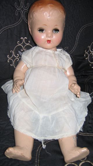 Vintage 1920s / 1930s Toddler Baby Doll Green Sleep Eyes Bald Orange Blonde Hair