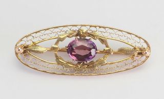 Ornate Delicate Antique 10k Yellow Gold And Amethyst Pin Brooch