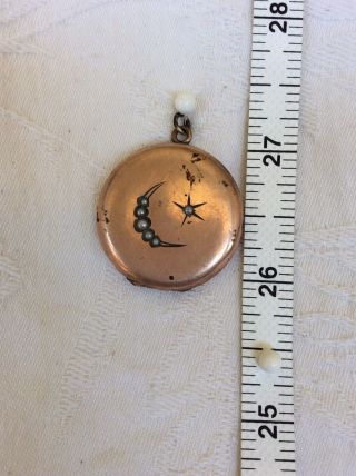 Antique Gold Filled Crescent Moon And Star Locket Pendant W/ Seed Pearls