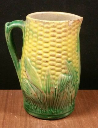 Antique Majolica Corn Pattern Syrup Pitcher Vintage Glazed Pottery Stoneware