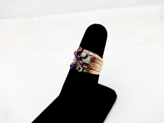 Antique Gold Filled 5 Band Stacking Ring,  Mine Cut Diamond,  Ruby,  Opal,  Emerald,  7.  25
