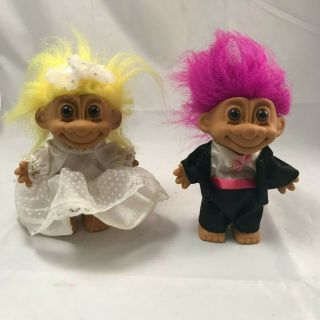 Vintage Russ Troll Doll Bride & Groom Set 5 Inch Wedding Dress And Tux