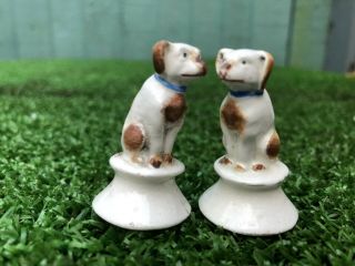 Pair: 19thc Porcelain,  Ceramic Miniature Seated Brown & White Dogs C1880s