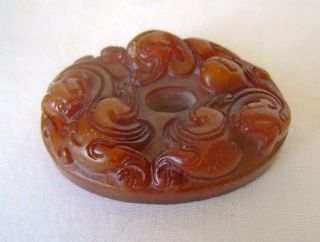 Chinese Carved Brown Soapstone Oval Pendant : Intertwined Beasts 5.  8 Cm